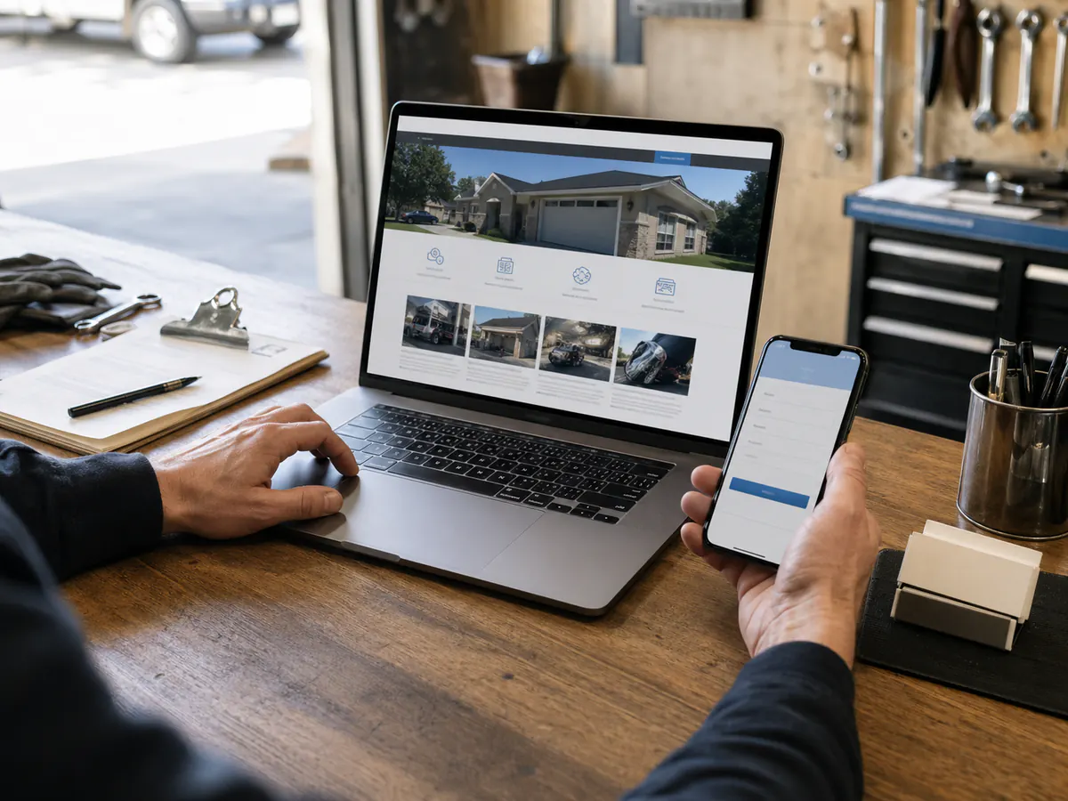 Service business website launch review on laptop and phone