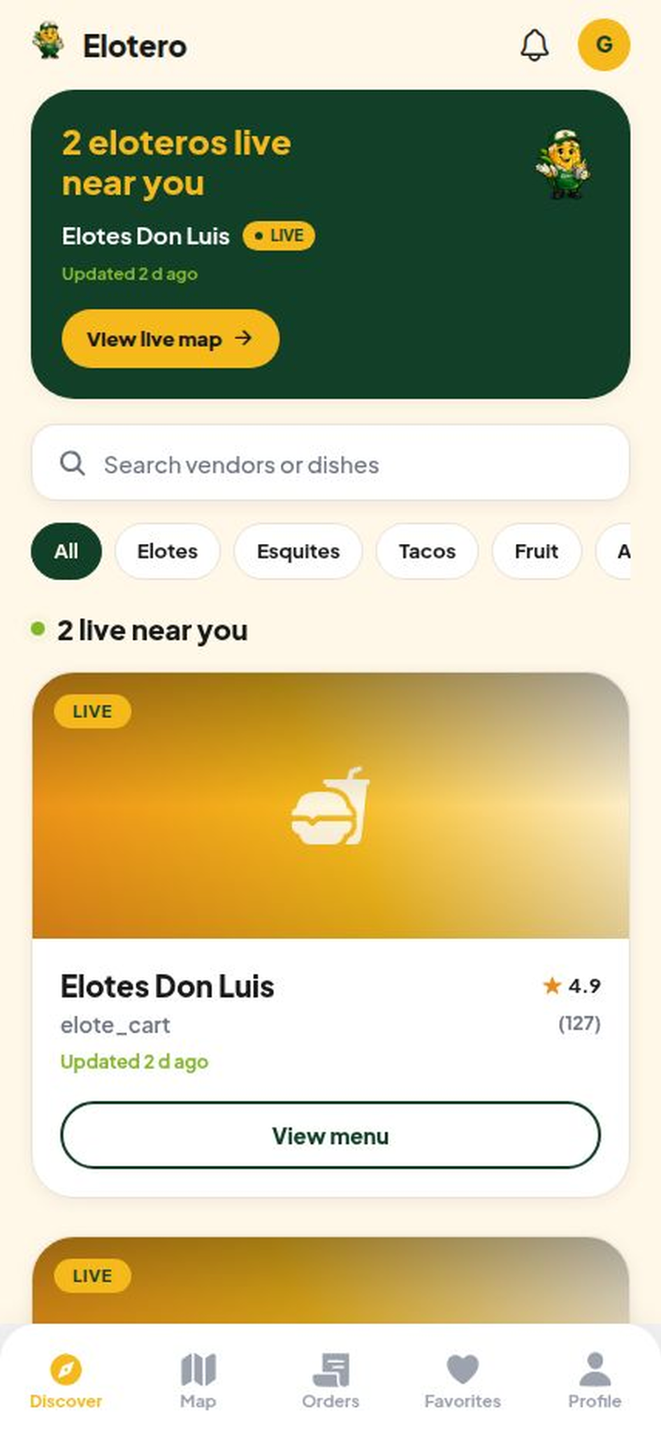 Elotero discovery screen showing nearby vendors and vendor cards.
