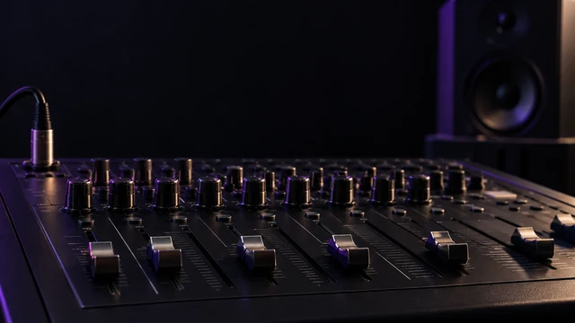 Black audio mixing console with subtle violet lighting