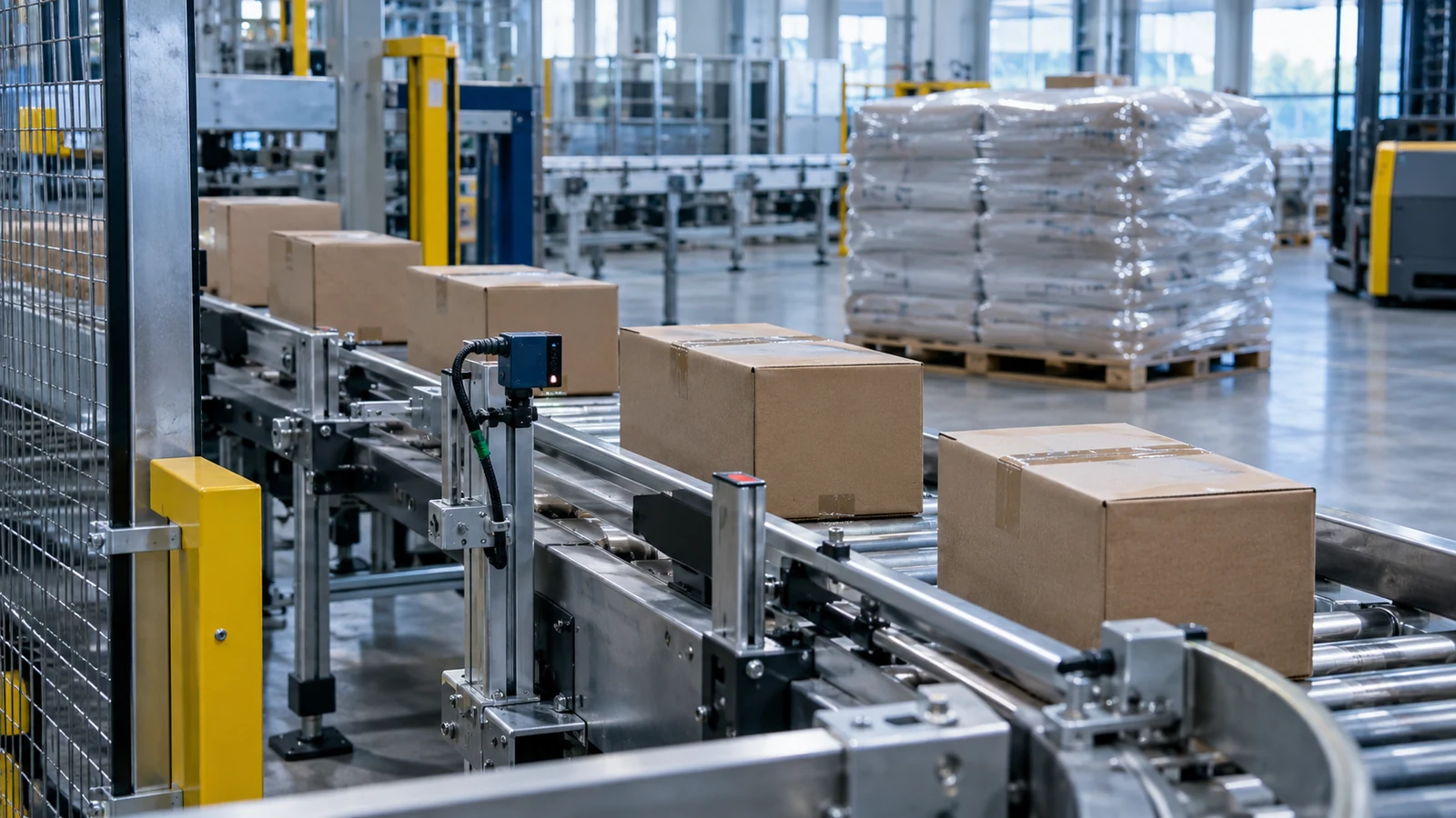 Illustrative production cell with material staging, guarded conveyors and precisely aligned cartons.
