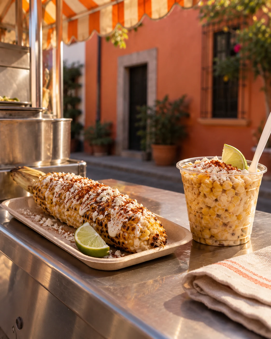 Grilled elote and esquites with lime on a neighborhood street-corn cart.